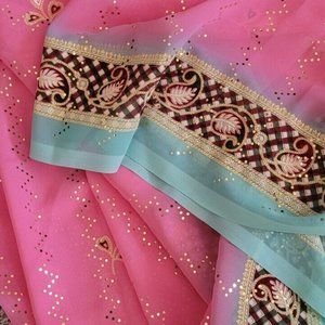 New Gold Orbs Motifs on Rose Pink Shear Fabric. Indian Sari 6 yd (216") X 44"